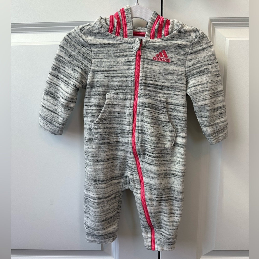 adidas Gray Marled Baby One-Piece with Pink Trim